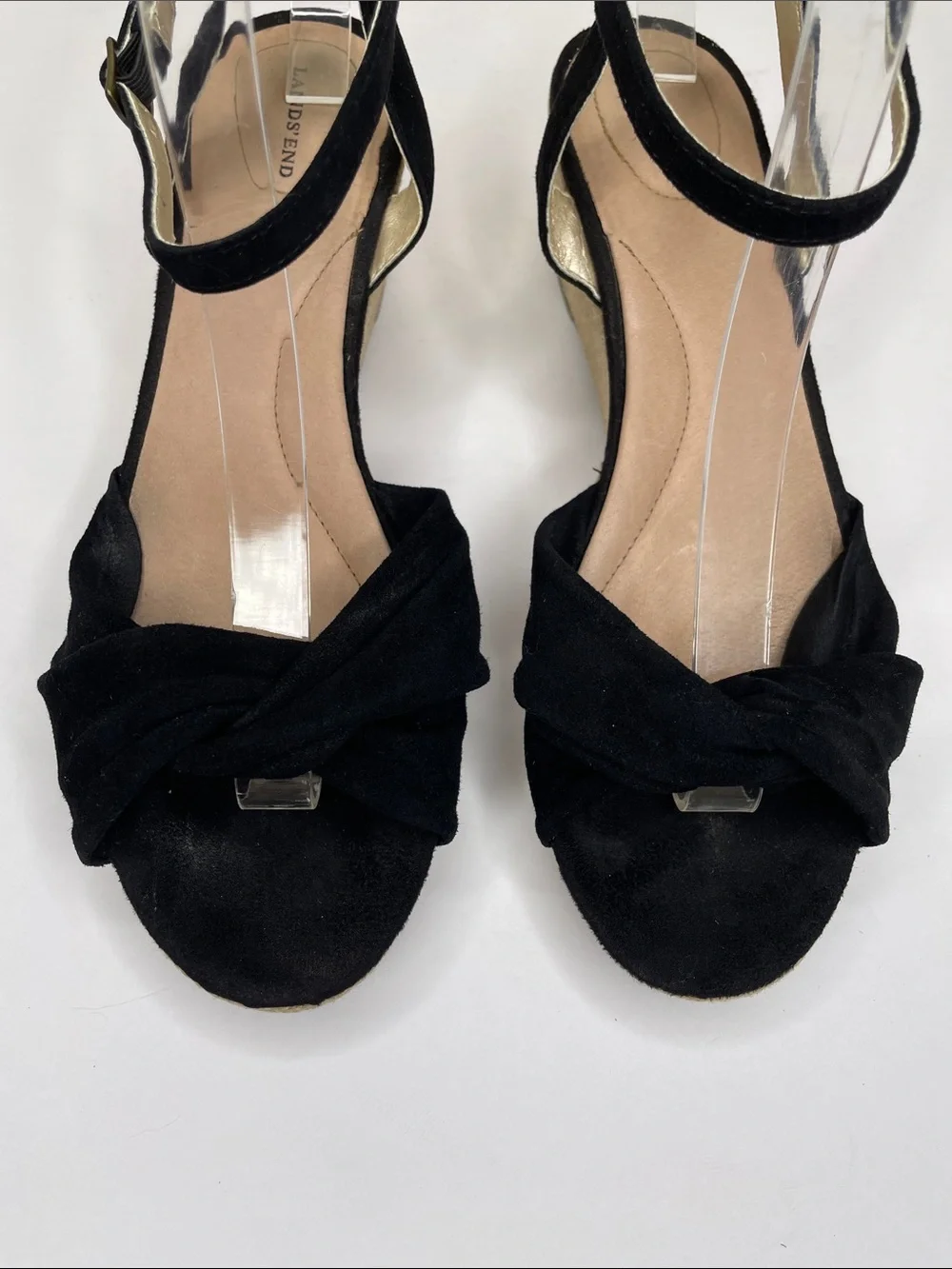 LANDS’ END Leather Suede Black Wedge Espadrille Knotted Sandals 412747 Size 9B